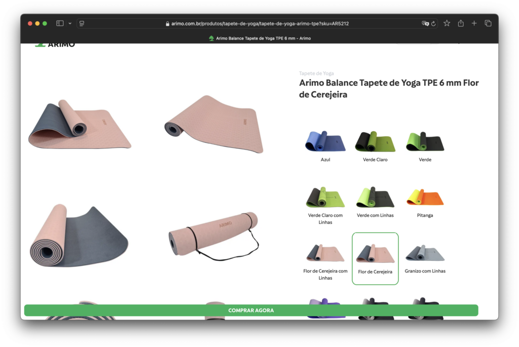 Arimo e-commerce print screen showing the main product: yoga mat.